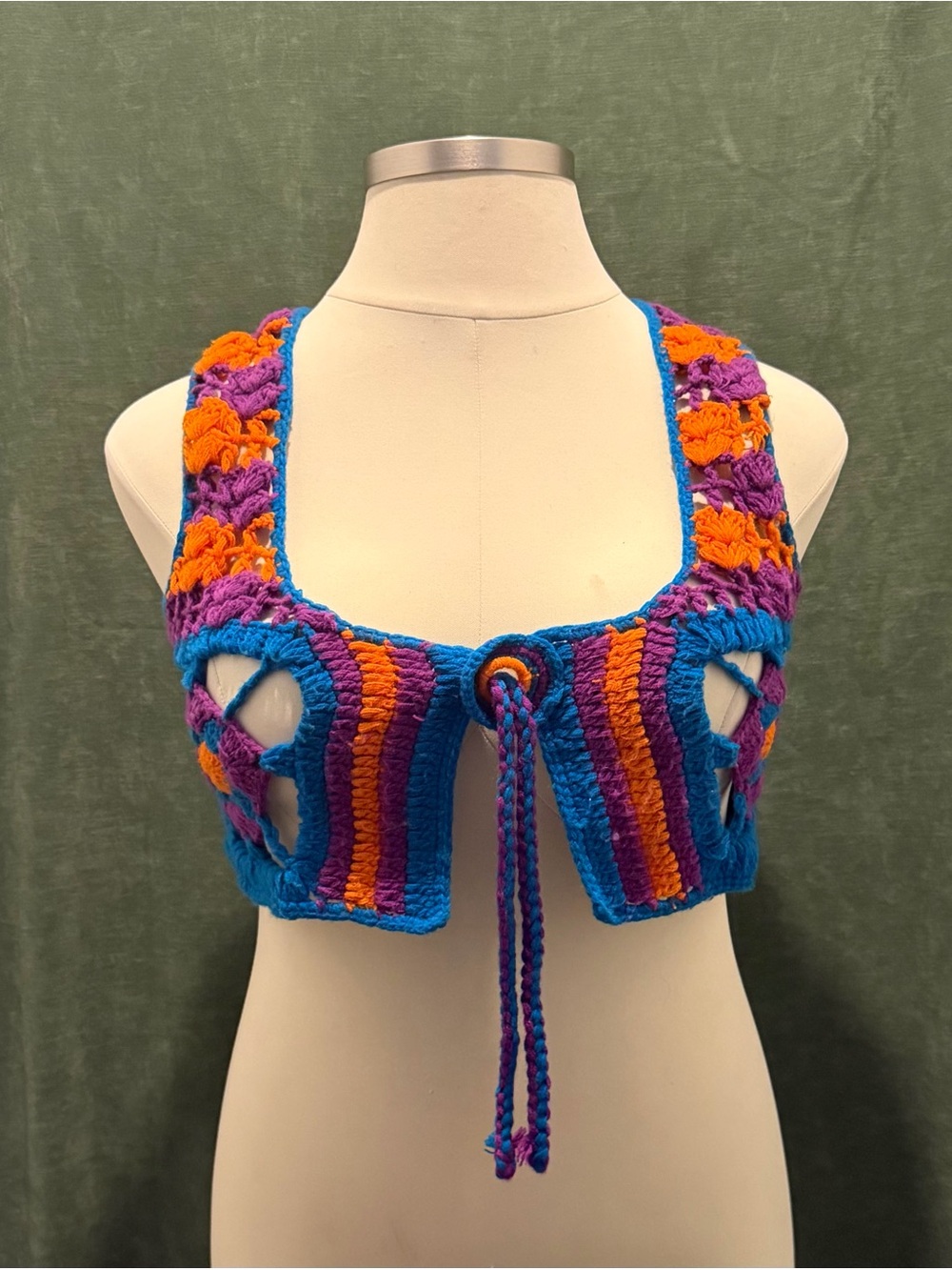 Vintage Handmade Crocheted Tie-Front Crop Top Vest in Blue, Purple & Orange